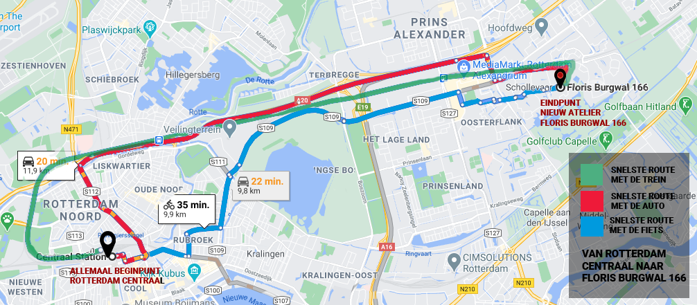 Route vanaf Rotterdam Centraal auto-trein-fiets naar atelier
